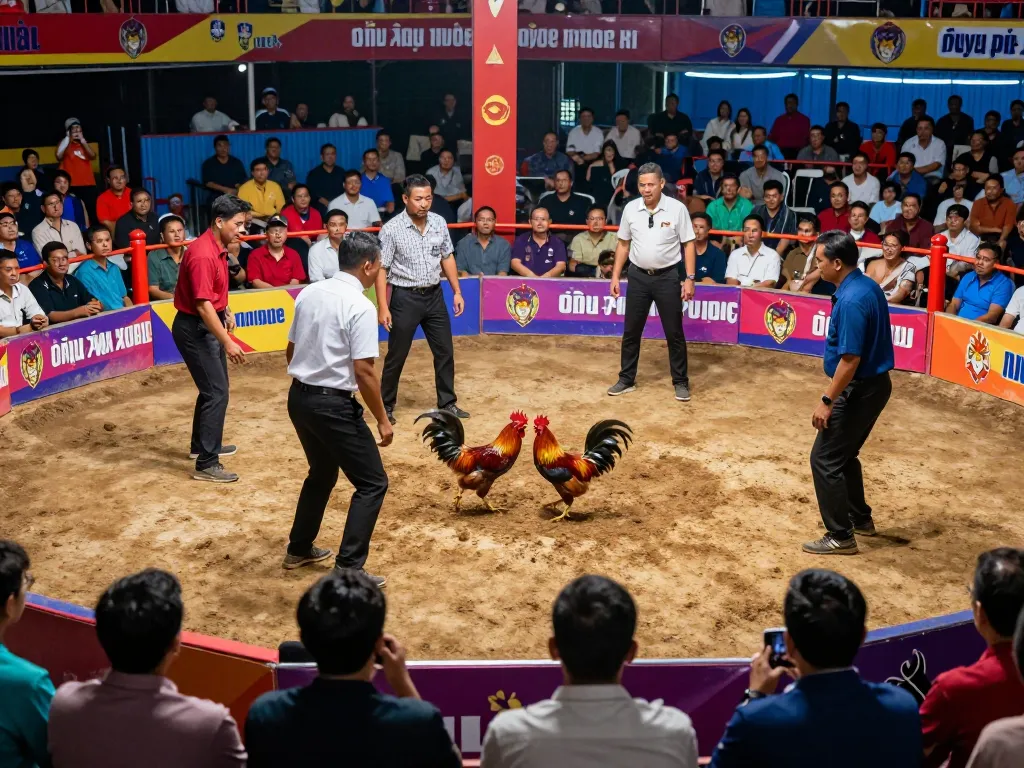 Witness the excitement of đá gà trực tiếp with live roosters battling in an action-packed arena setting
