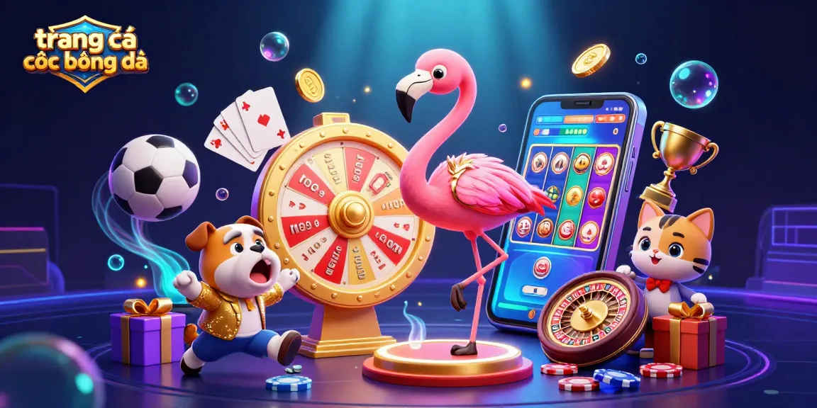 Exciting scene showcasing trang cá cược bóng đá with vibrant game elements, a host flamingo, and an energetic bulldog contestant
