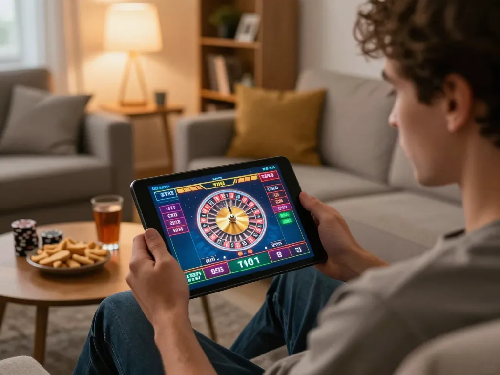 BCX88 player engaging with live roulette on tablet in a cozy home setting, highlighting online gaming excitement.