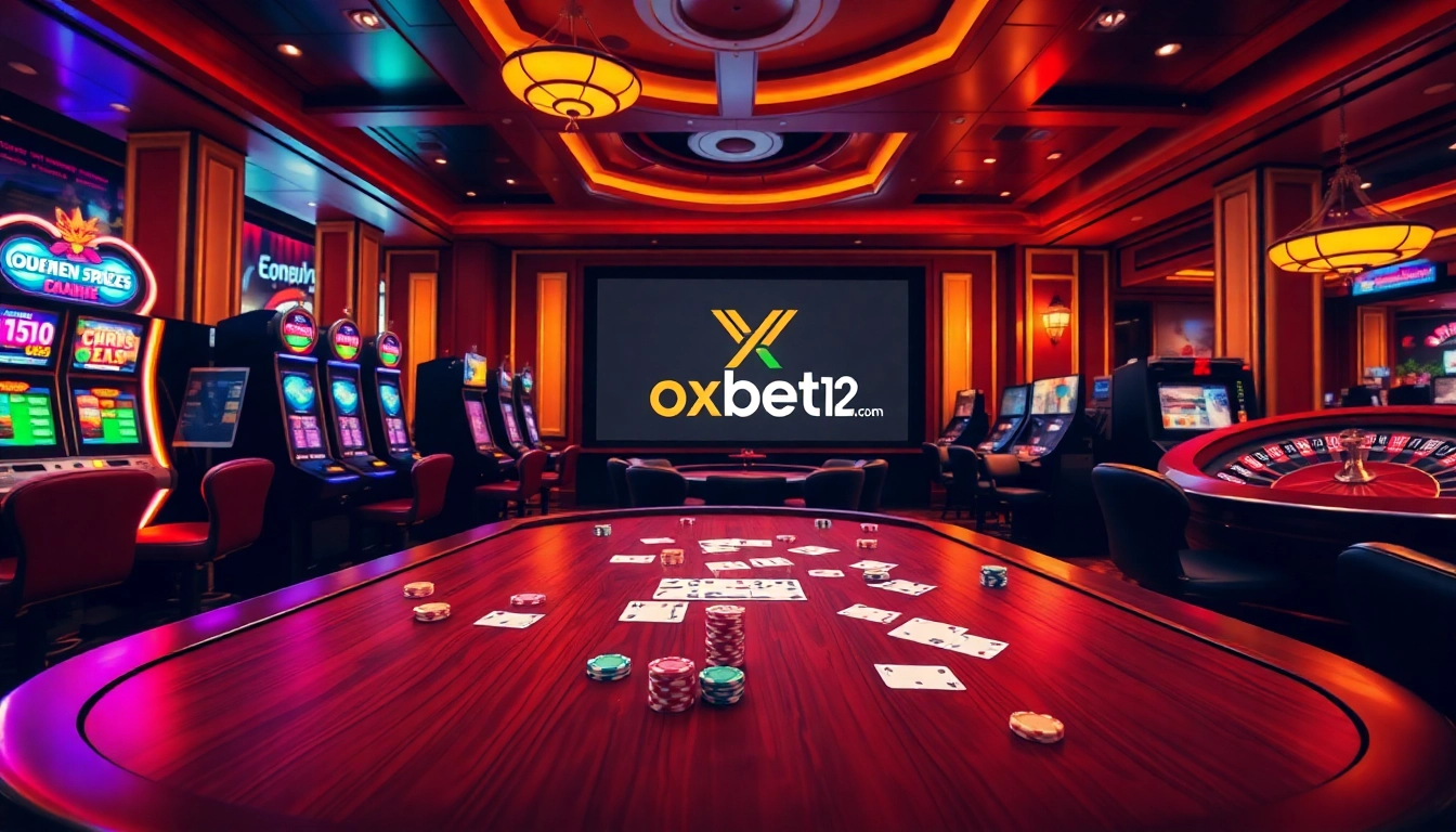 Engaging gaming scene showcasing https://oxbet12.com/ with poker chips and colorful casino elements.