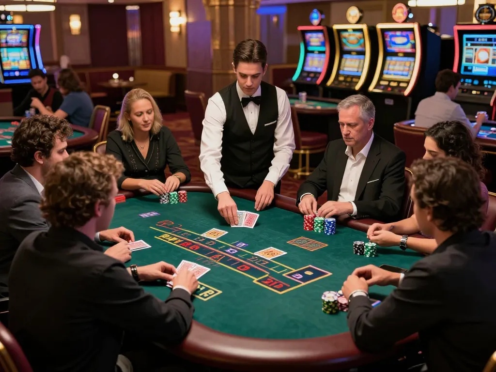 SIN88 players engaged in a high-stakes blackjack game with chips and cards on the table, creating a lively casino atmosphere.