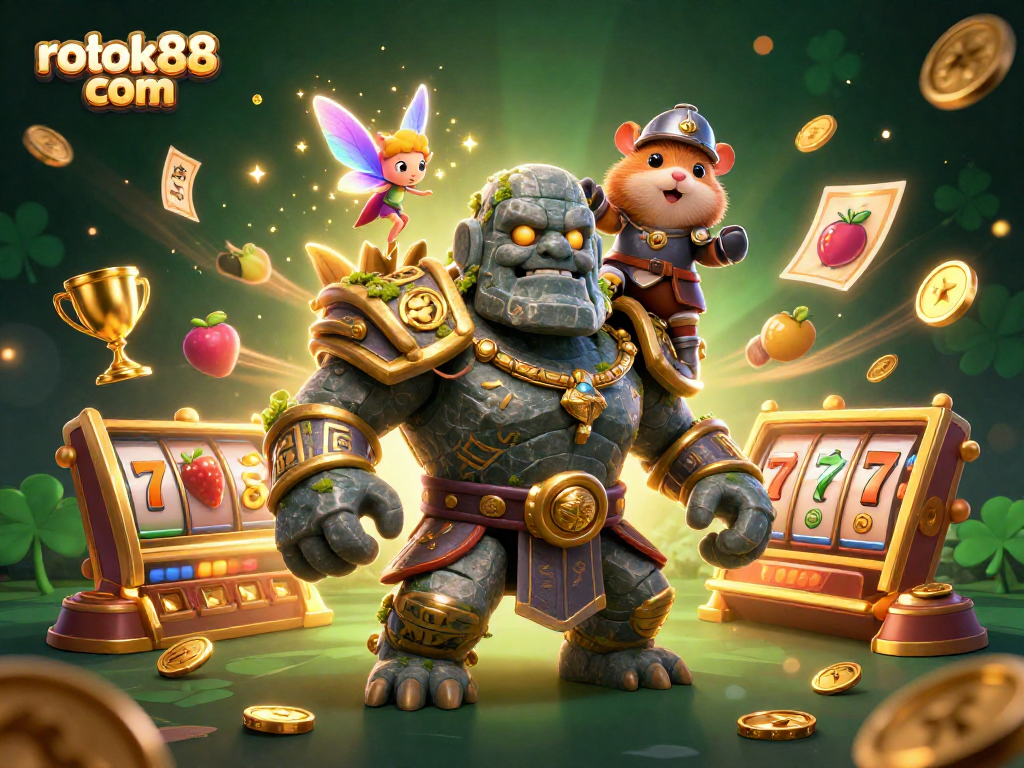 Experience vibrant gaming action with rokok88 com in a dynamic 3D casino scene featuring magical elements.