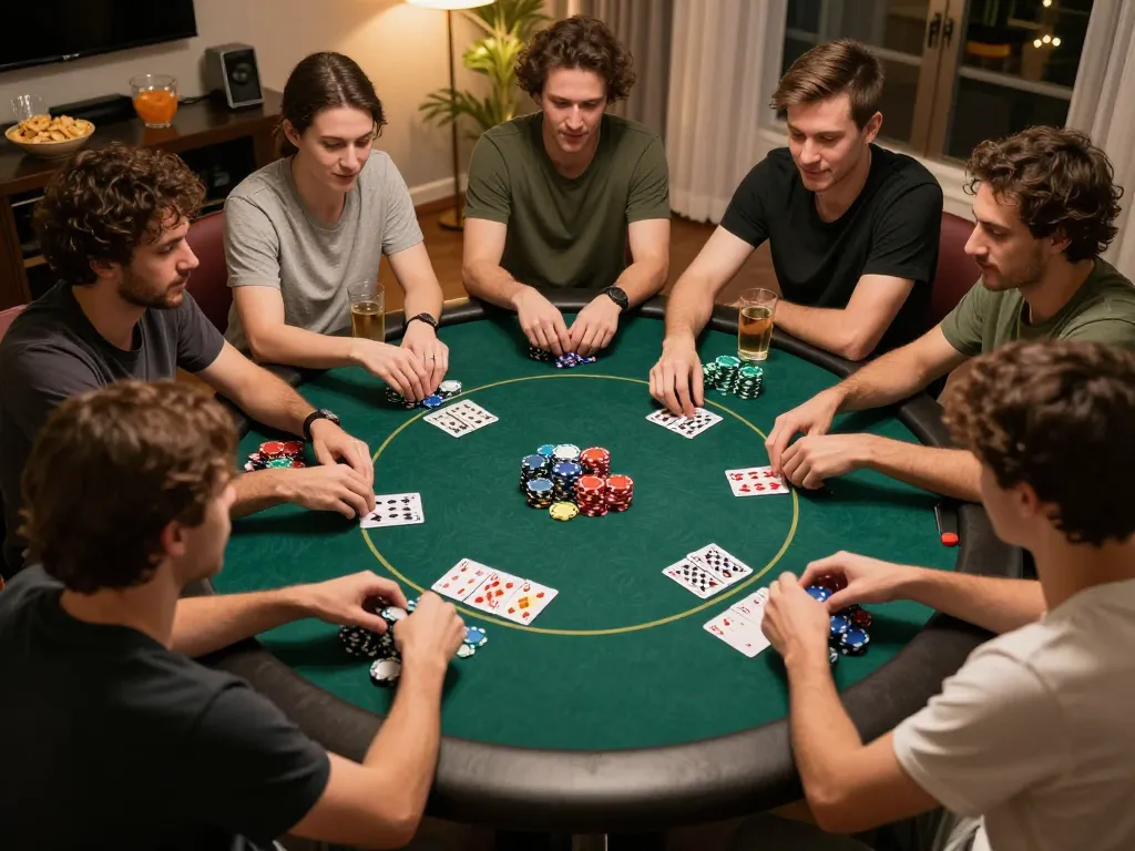 Engaged players strategizing during a lively poker game at home, showcasing bj88bj gaming atmosphere.