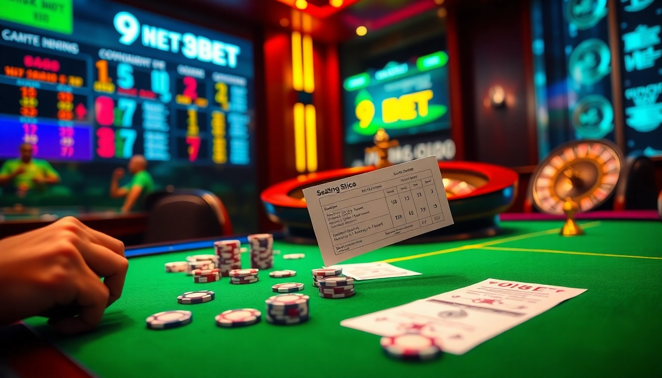 Experience the excitement of betting at 9BET with vibrant casino visuals and interactive gaming elements.