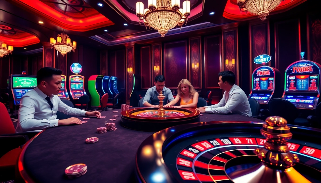 Players engaging in a thrilling poker game at F8BET online casino, showcasing excitement and luxury.