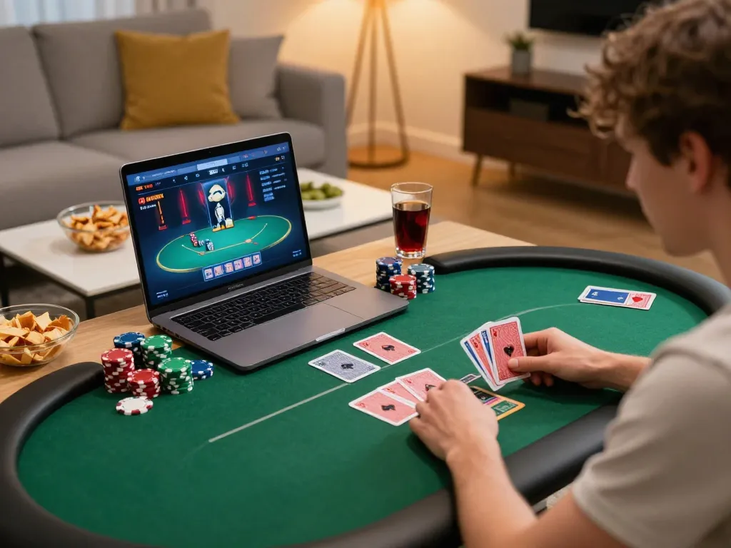 Online poker player enjoying games on 9bet platform in a cozy home environment, with cards and poker chips visible.