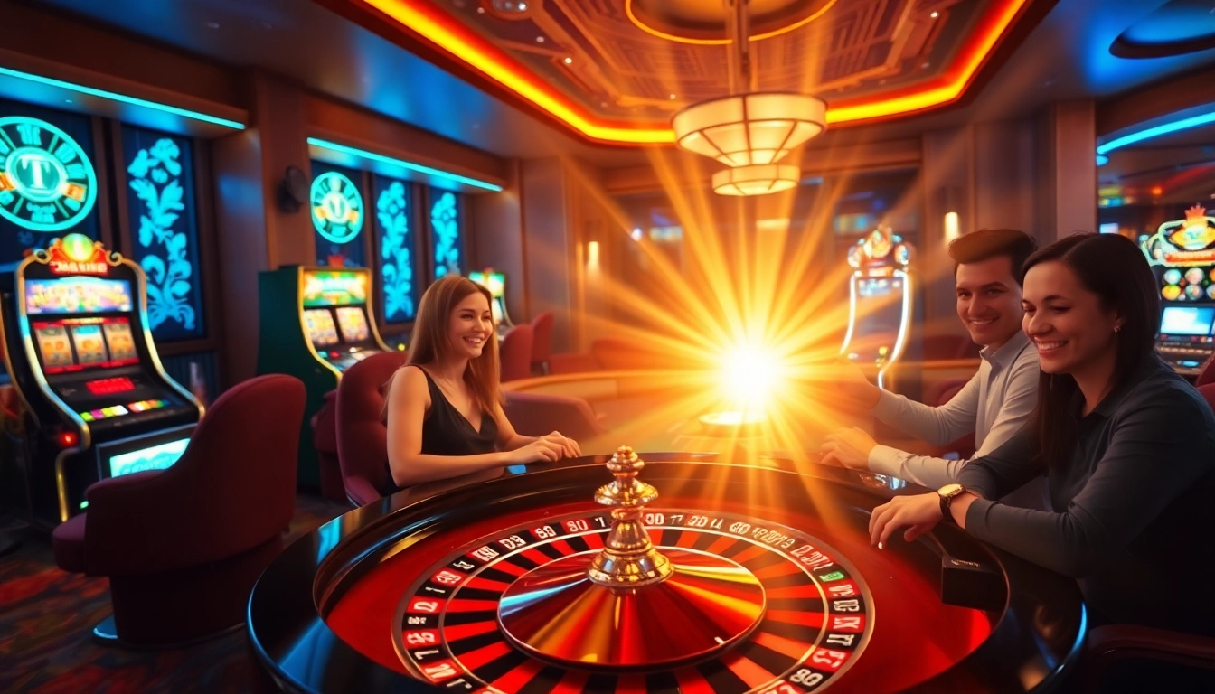 Players engaging in online gaming at https://tx88.de.com/ with vibrant casino elements and illuminated tables.