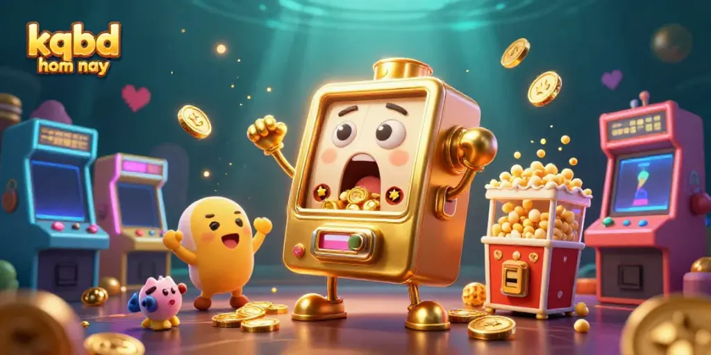 Experience the thrilling kqbd hom nay action with golden slot machines celebrating a jackpot amidst a vibrant arcade.