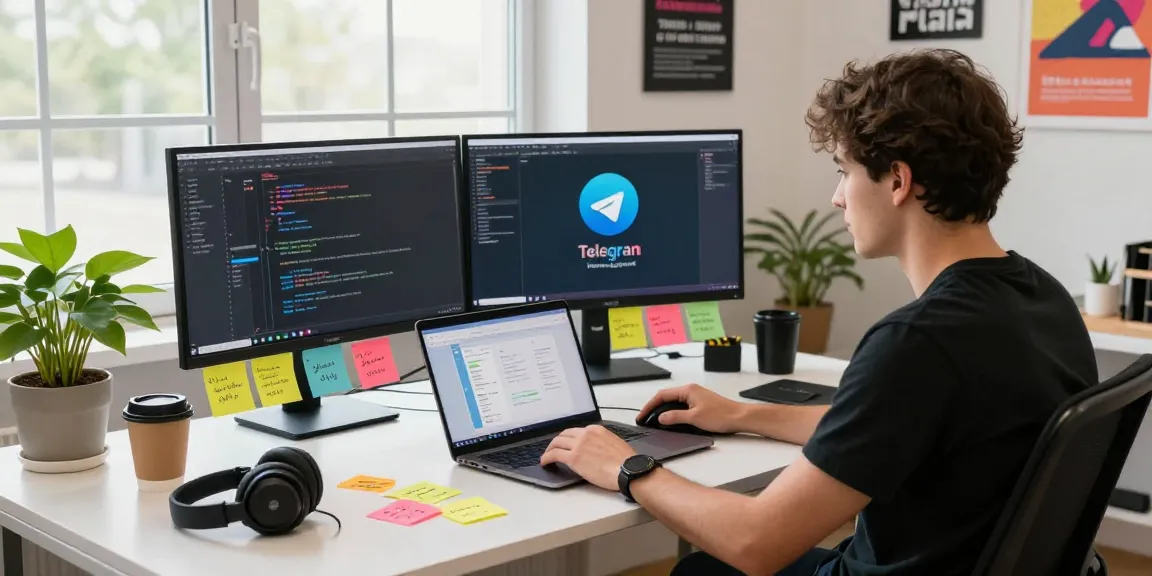 Download Telegram on a developer's workspace with dual monitors showing app interface and coding, coffee and tech paraphernalia around.