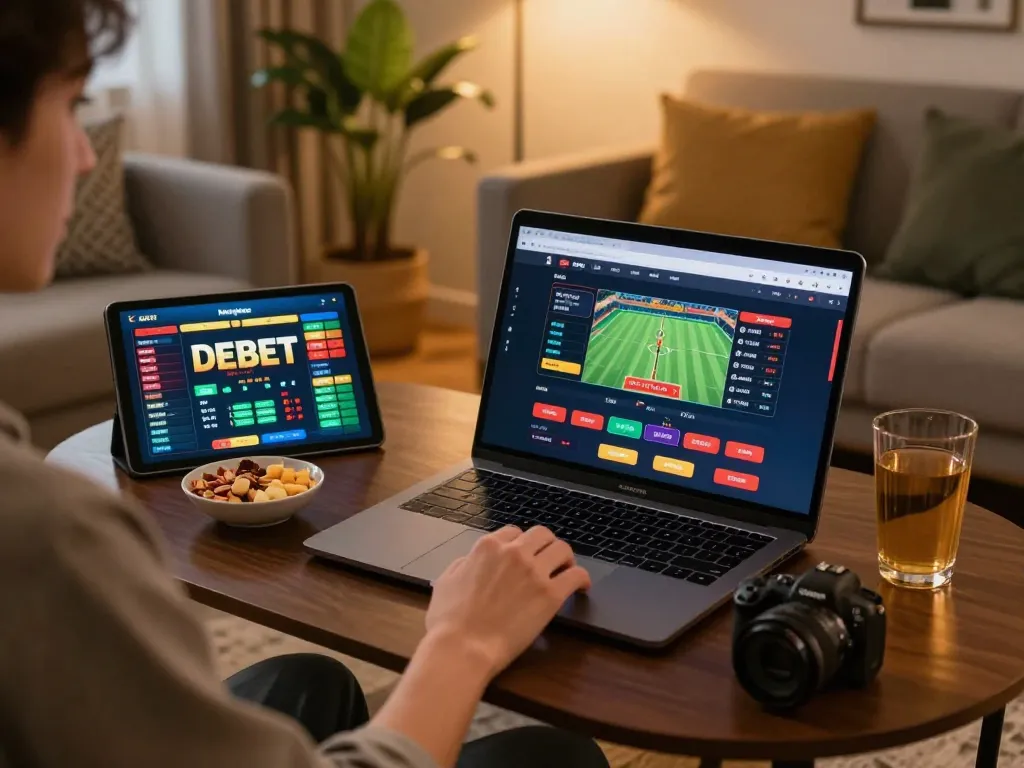 Engaging user placing bets on the DEBET online casino platform at a cozy home gaming setup.
