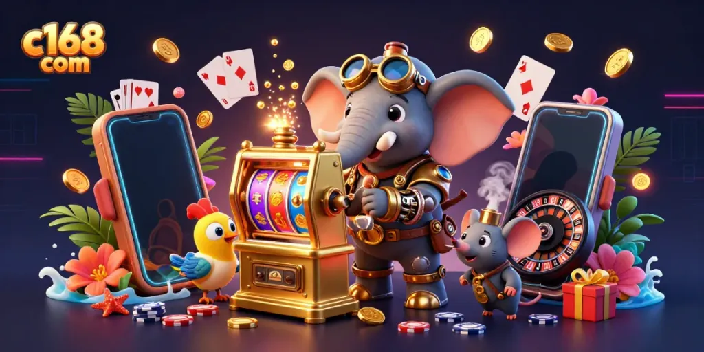 Engage in thrilling slots with c168 com's golden machine and steampunk companions.