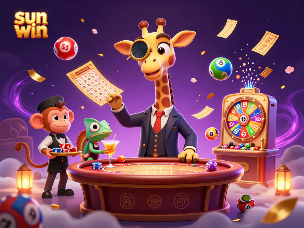 Experience the excitement of sun win with a vibrant casino scene featuring giraffe and friends amidst dynamic gaming elements.