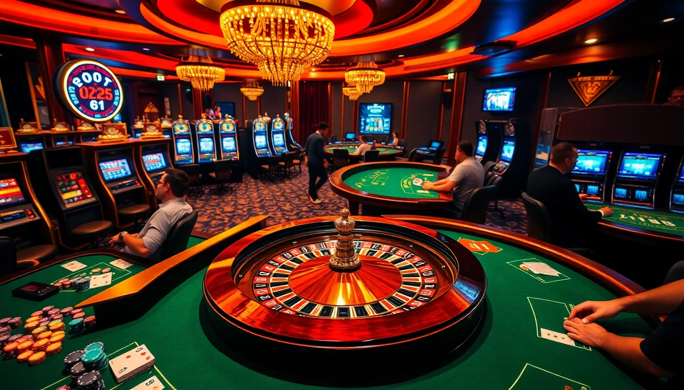 Experience the thrill of LODE88 in a luxurious casino atmosphere with vibrant gaming tables.