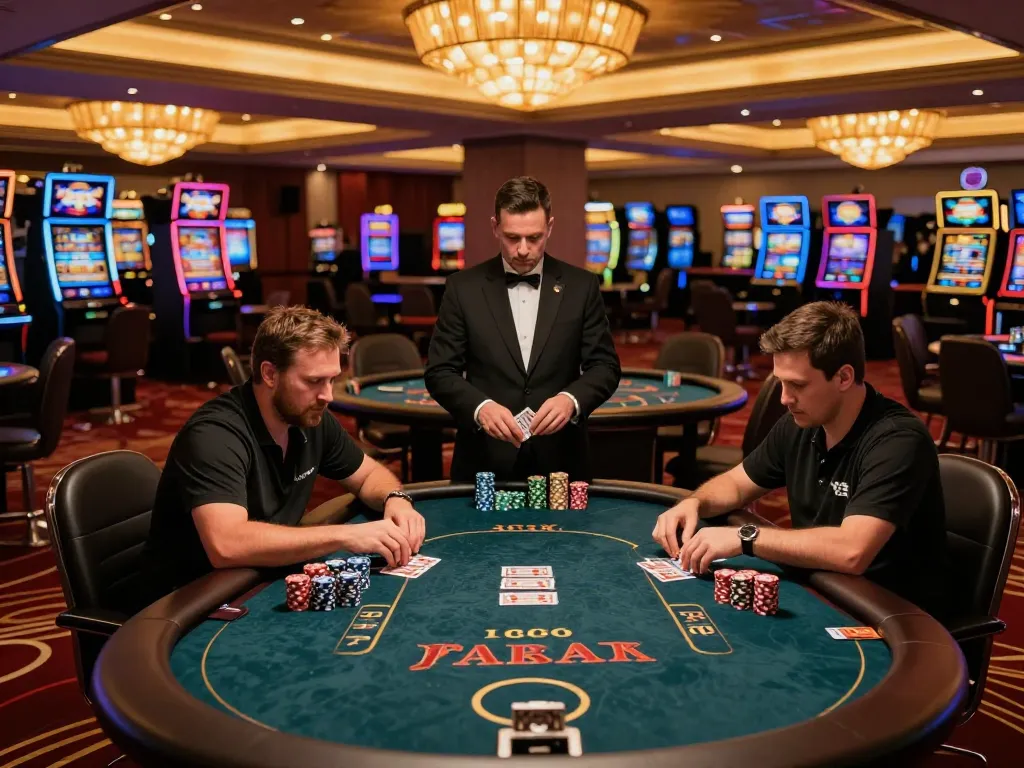 RIKBET players engaging in an exciting poker game with vibrant casino atmosphere and professional dealer.