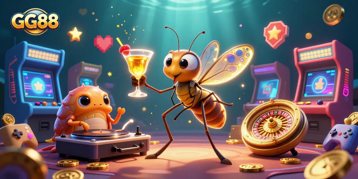 Experience GG88's vibrant casino adventure with a cartoon mosquito mascot and lively gaming elements.