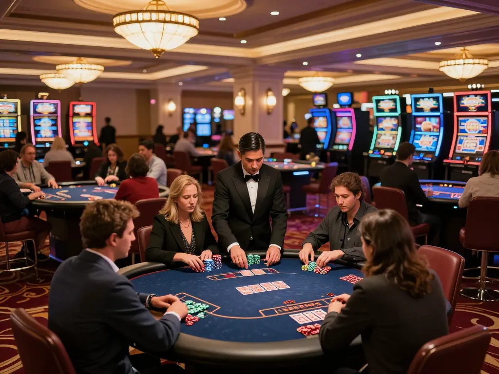 SX88 casino atmosphere with players enjoying poker games at upscale tables, vibrant gaming experience