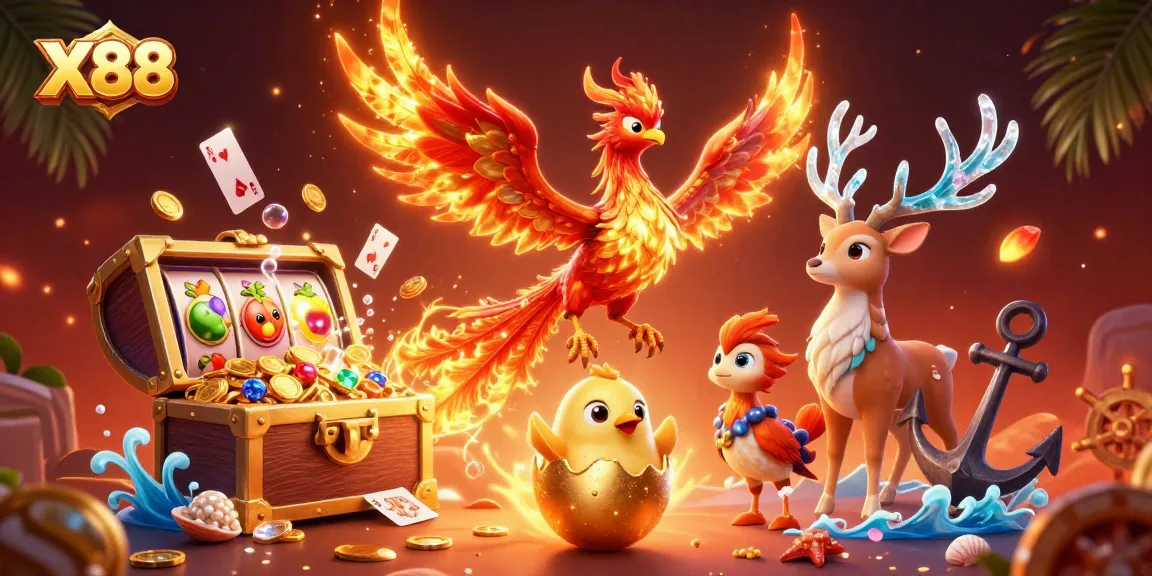 Experience thrilling wins with X88 in this vibrant 3D casino illustration of slot games.
