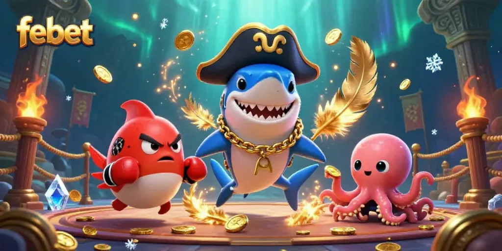 Experience the excitement of gaming at febet with a vibrant underwater scene featuring adorable characters and casino elements.