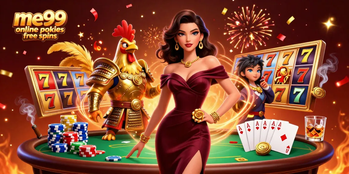 Spin to win with me99 online pokies free spins alongside glamorous characters amidst vibrant casino elements.