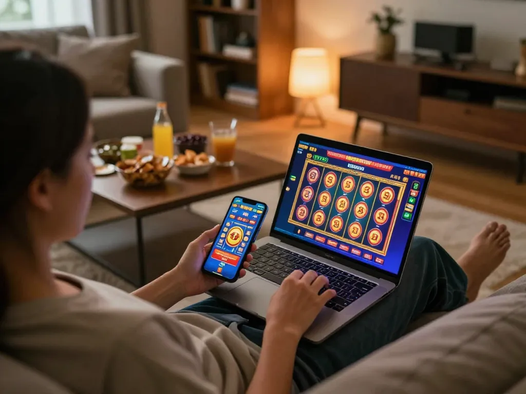 Player engaging in online gaming at home on LU88vip, showcasing a vibrant slot game.