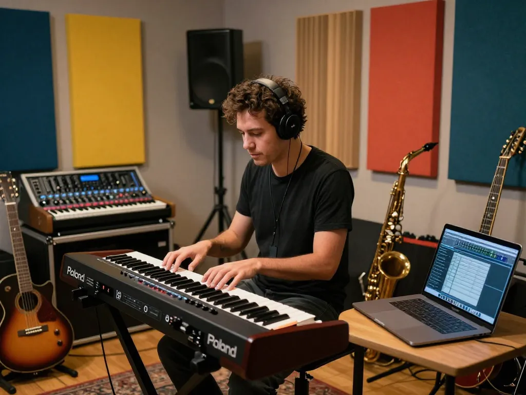 Musician playing the VK88 organ in a colorful music studio, surrounded by instruments.