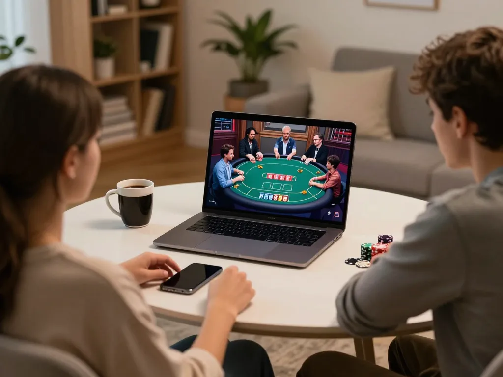 Engaging online poker scene showcasing go99com on a laptop at home, focusing on strategy and gameplay.