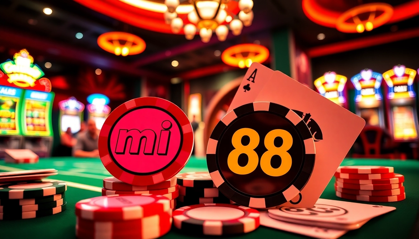 Experience the excitement of betting at mi 88 casino with flashing slot machines and engaged players.