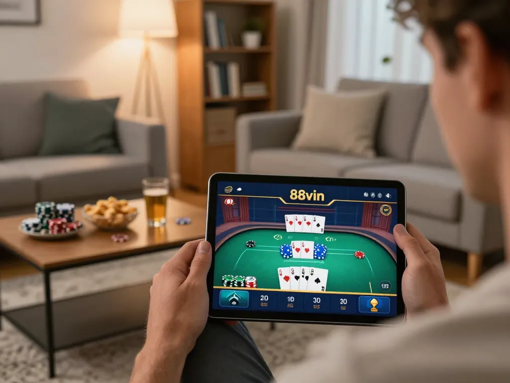 Player engaging with poker gameplay on 88vin in a cozy home setting, emphasizing strategic betting
