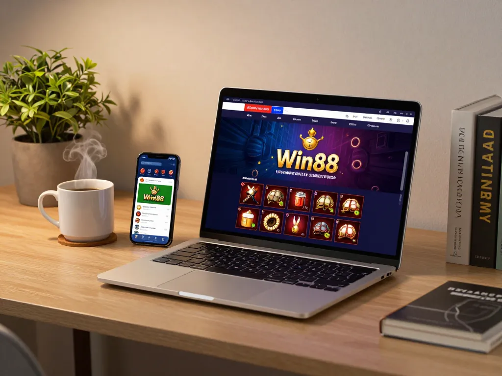 Play games on Win88 with a cozy online setup showcasing a laptop and smartphone.