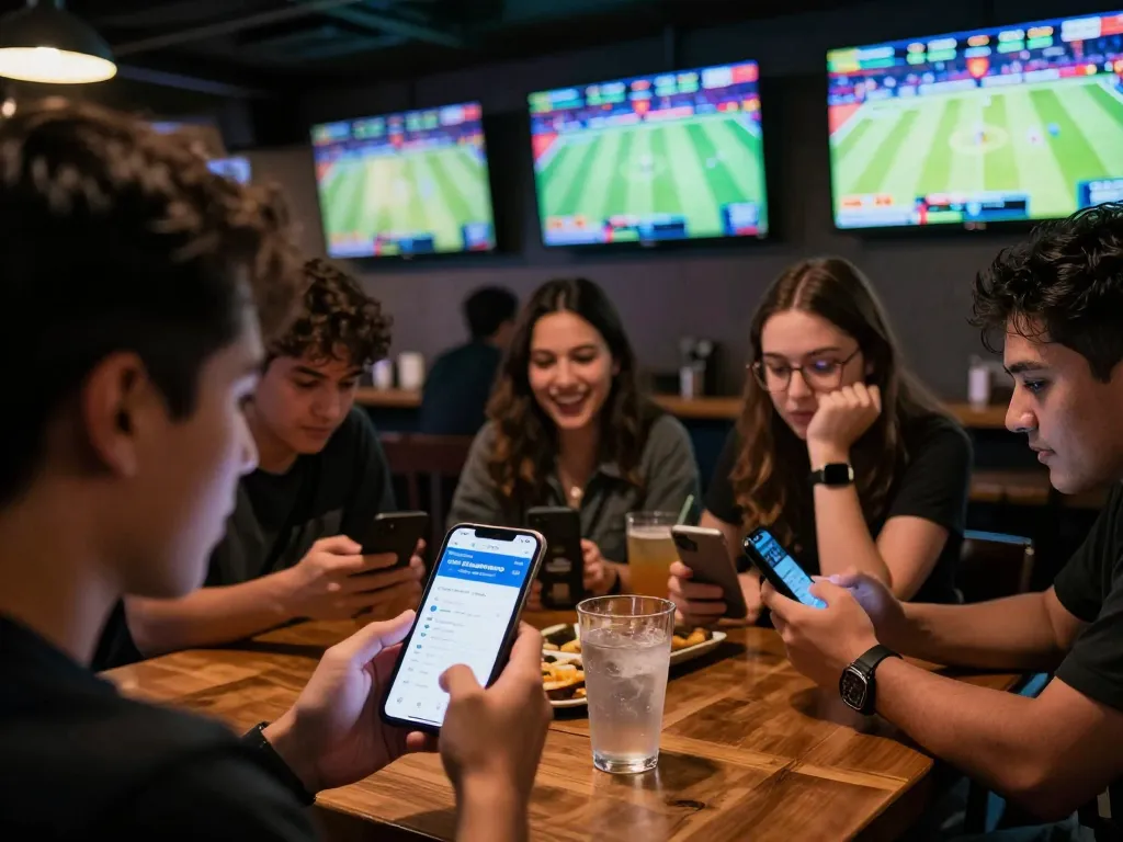 Engaging sports betting scene showing friends excitedly interacting with Fun88 com app in a lively sports bar.