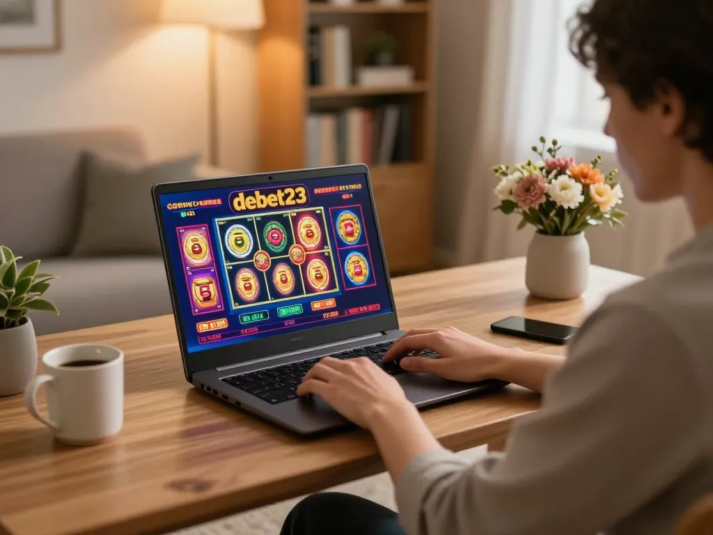 Engaging with debet23 online gaming in a cozy home setup, laptop screen displaying vibrant casino graphics