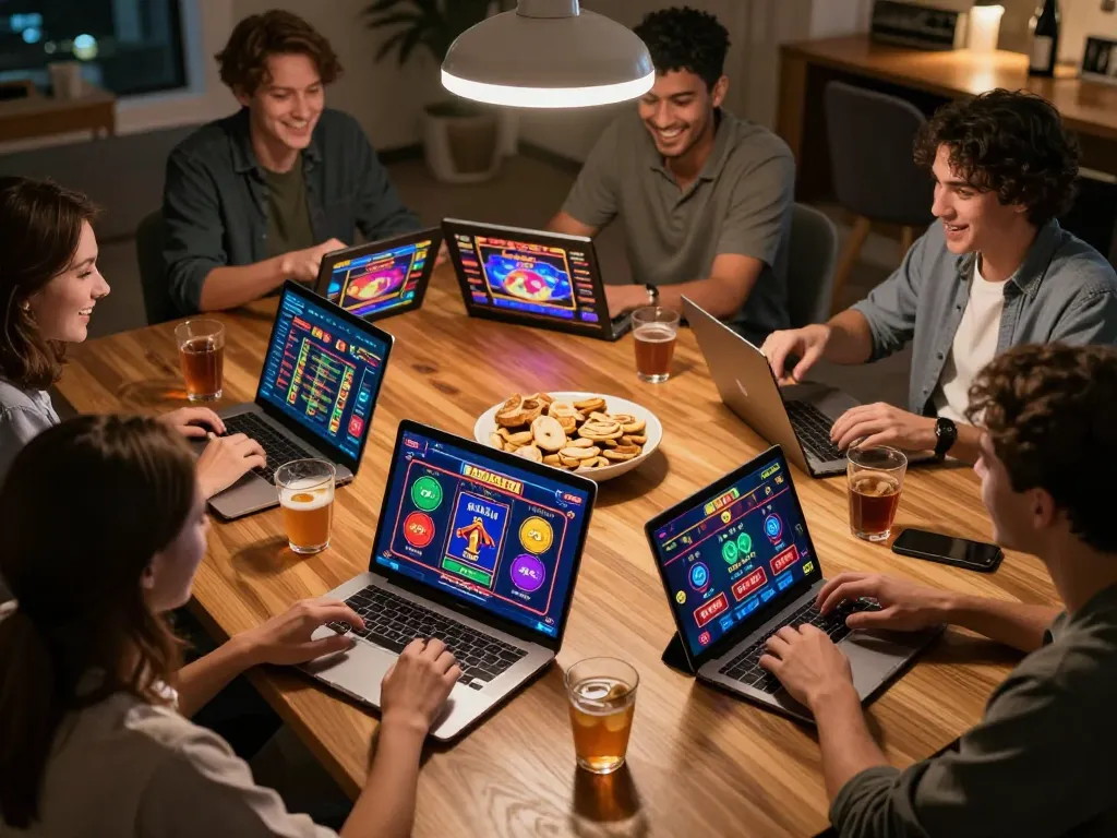 sunwin players enjoying online gaming experience together, vibrant screens and snacks