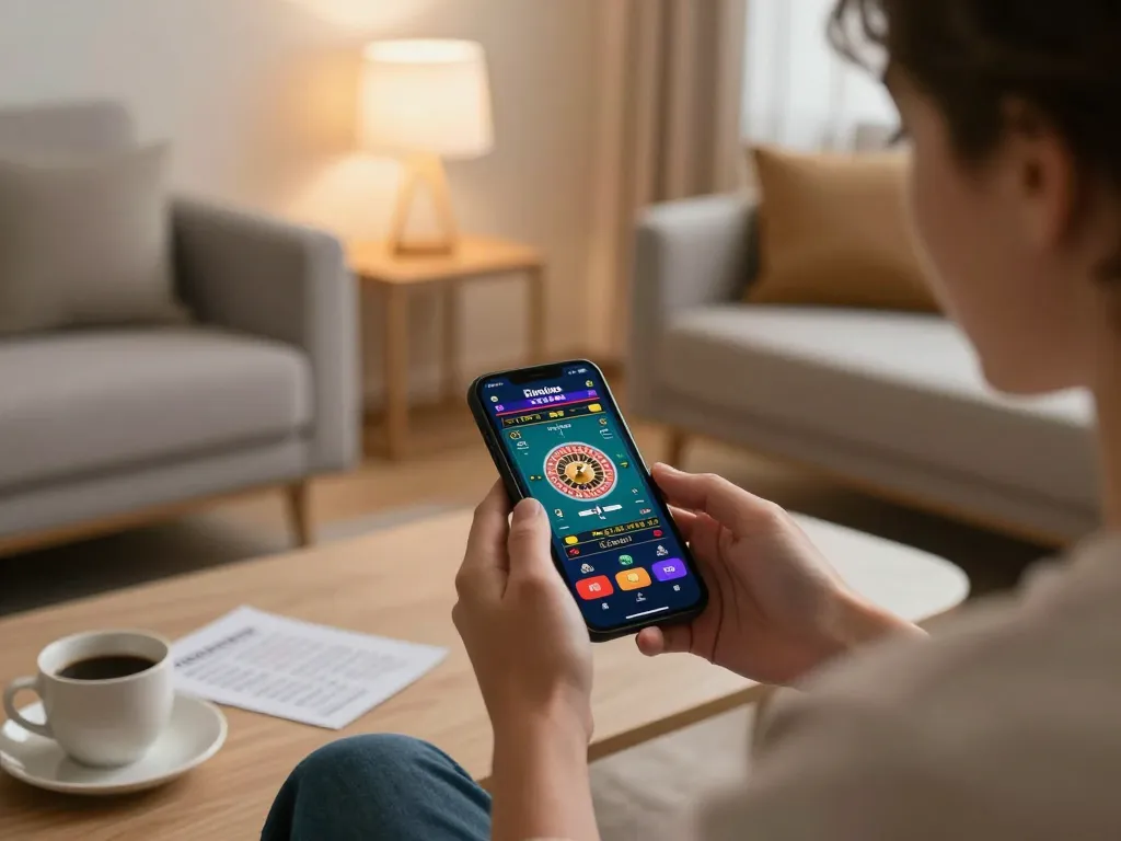 Alo8 Center mobile gaming setup with player engaging in roulette on smartphone, showcasing responsible gambling.