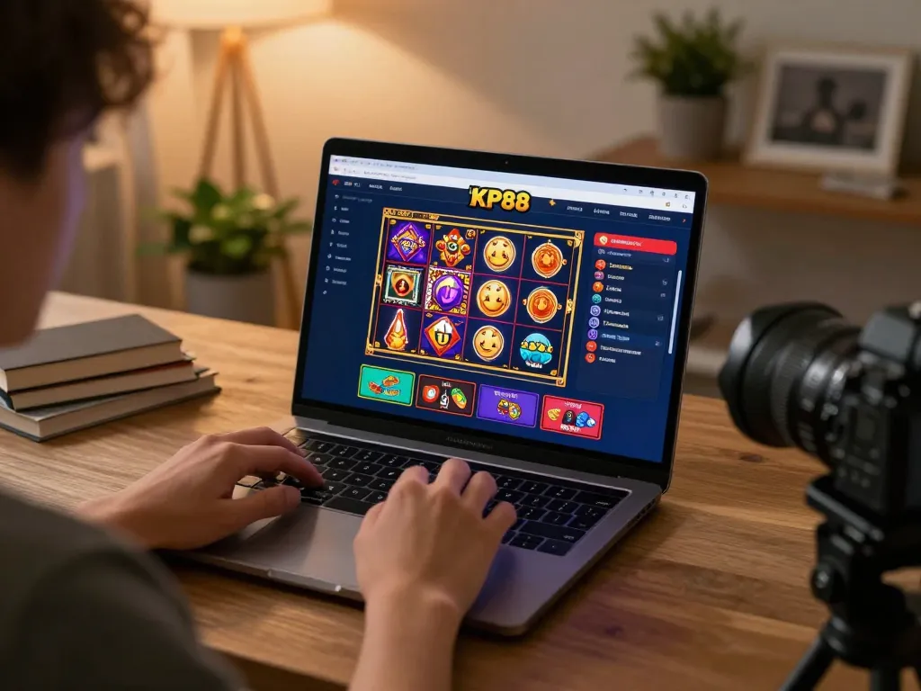 Engaging player enjoying KP88 casino online gaming experience at home with vibrant visuals