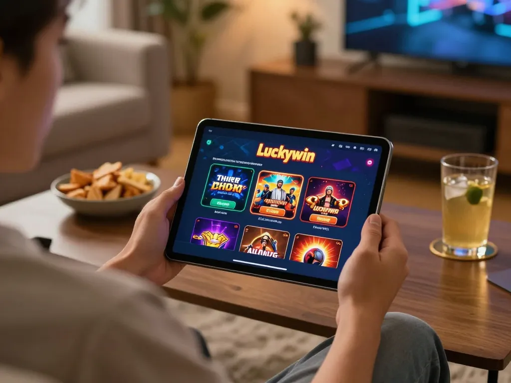 Engaging in strategic online gaming with Luckywin on a tablet in a cozy home environment