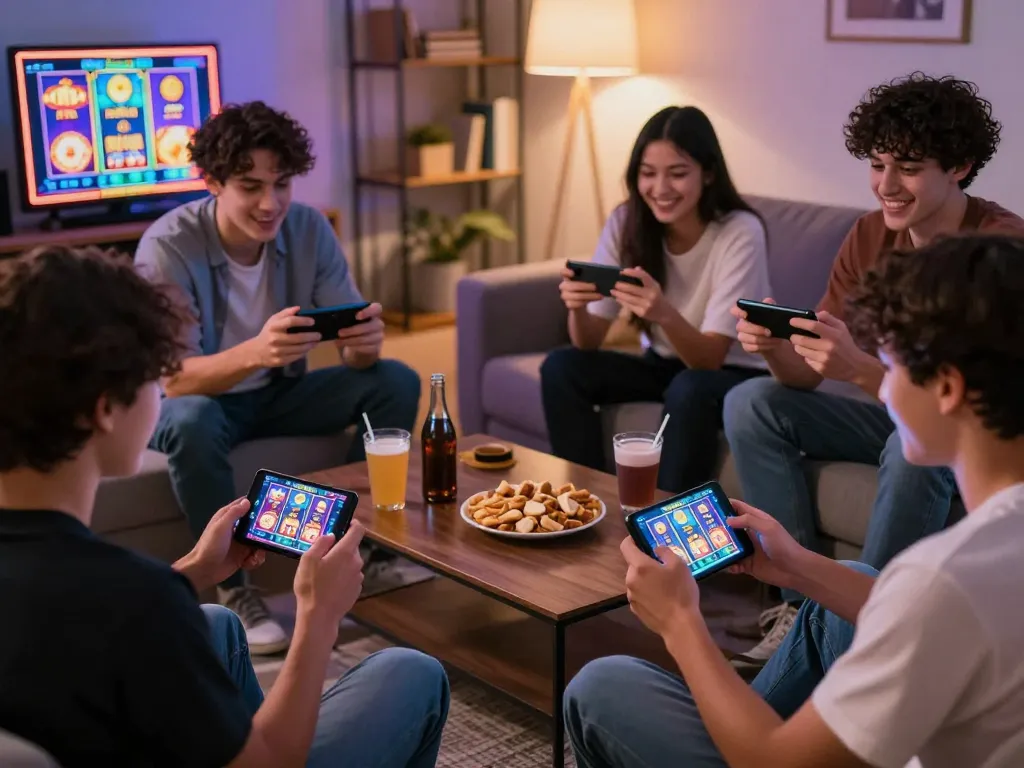 Players enjoy exciting nổ hũ gameplay on their mobile devices in a cozy living room.