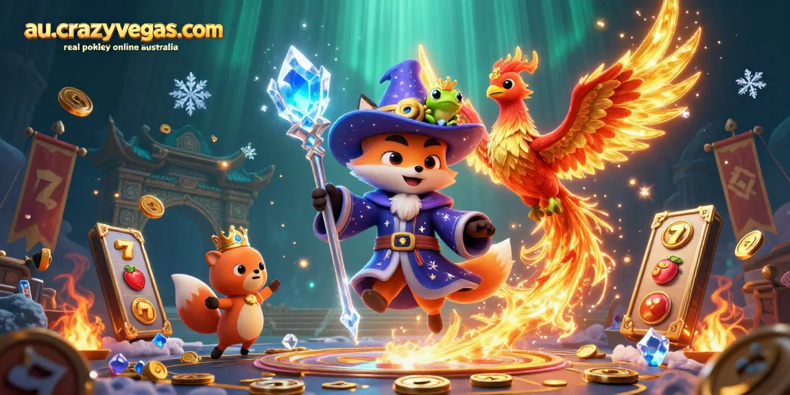 Experience the excitement of au.crazyvegas.com real pokies online australia with vibrant illustrations of magical characters and iconic slot reels.