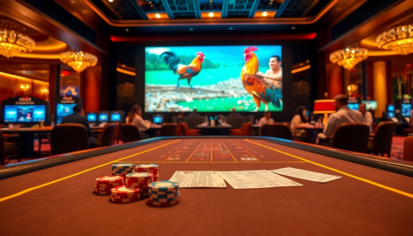 Exciting đá gà trực tiếp event captured in a luxurious casino setting with real-time betting.