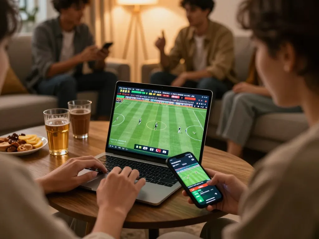 Engaging scene of online sports betting highlighting Kết quả bóng đá during live match viewing.