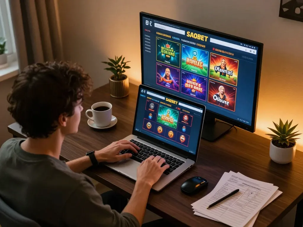Engaged player using SAOBET for online gambling at home with exciting game visuals.