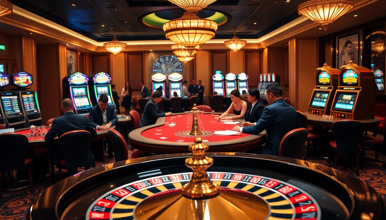 A thrilling gambling experience at https://red88.codes/ showcasing poker tables, roulette wheel, and vibrant slot machines.