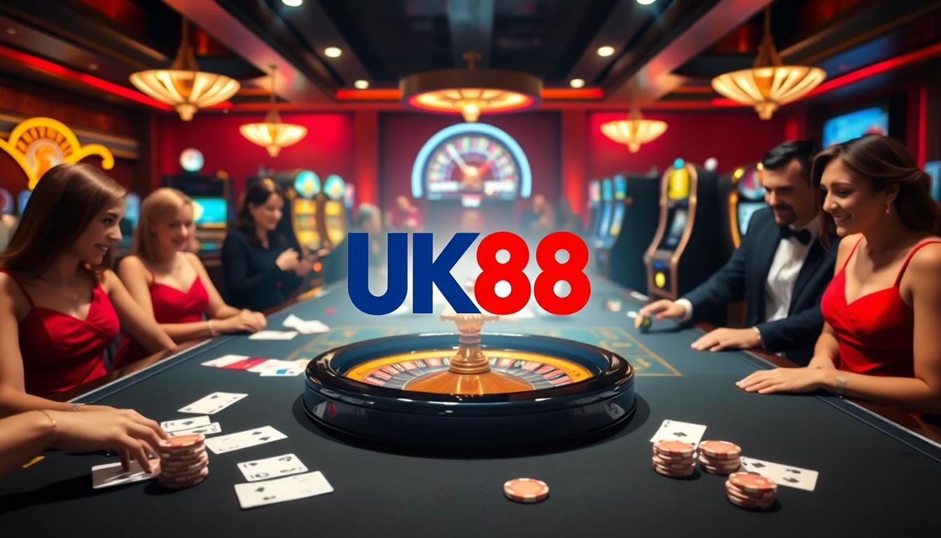 UK88 casino table with poker chips and cards, highlighting excitement in a luxurious setting.