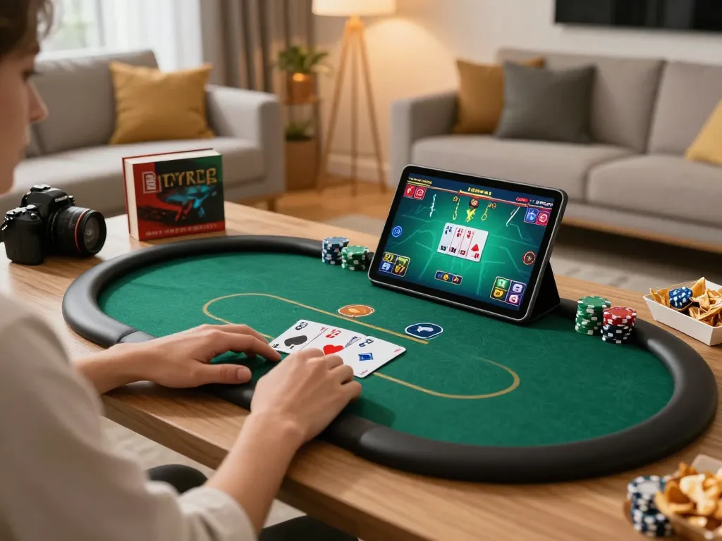 B52 club player enjoying poker on a tablet in a cozy home setup