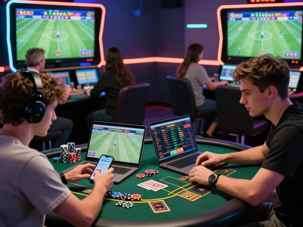 Engaged gamers exploring PUB88's thrilling online betting environment with vibrant casino atmosphere.