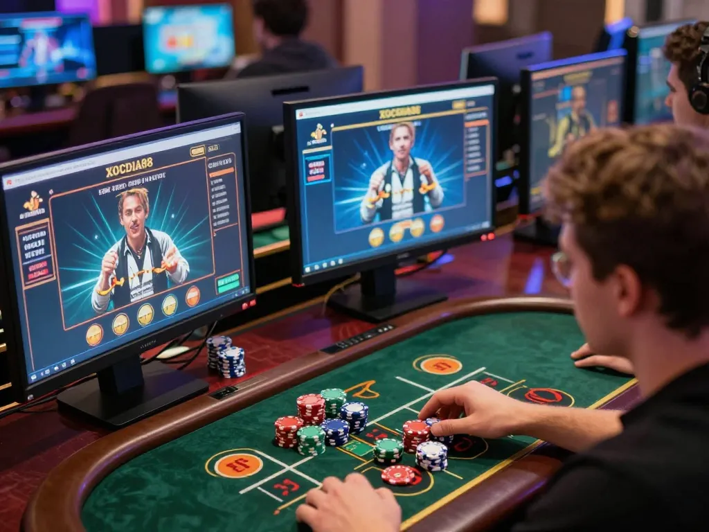 Engaged player strategizing on XOCDIA88 online casino platform with multiple game interfaces displayed.