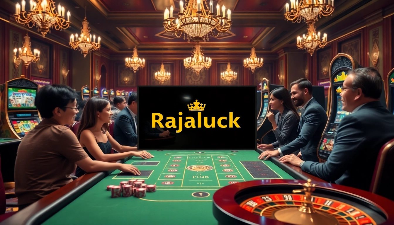 Experience the thrill of Rajaluck with players enjoying poker and roulette in a luxurious casino.