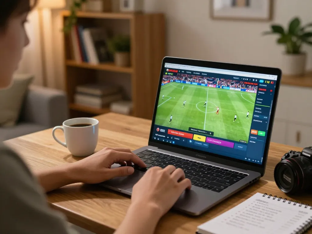 Socolive trực tiếp with an engaged bettor using a laptop for live sports streaming at home, enhanced focus on the football match