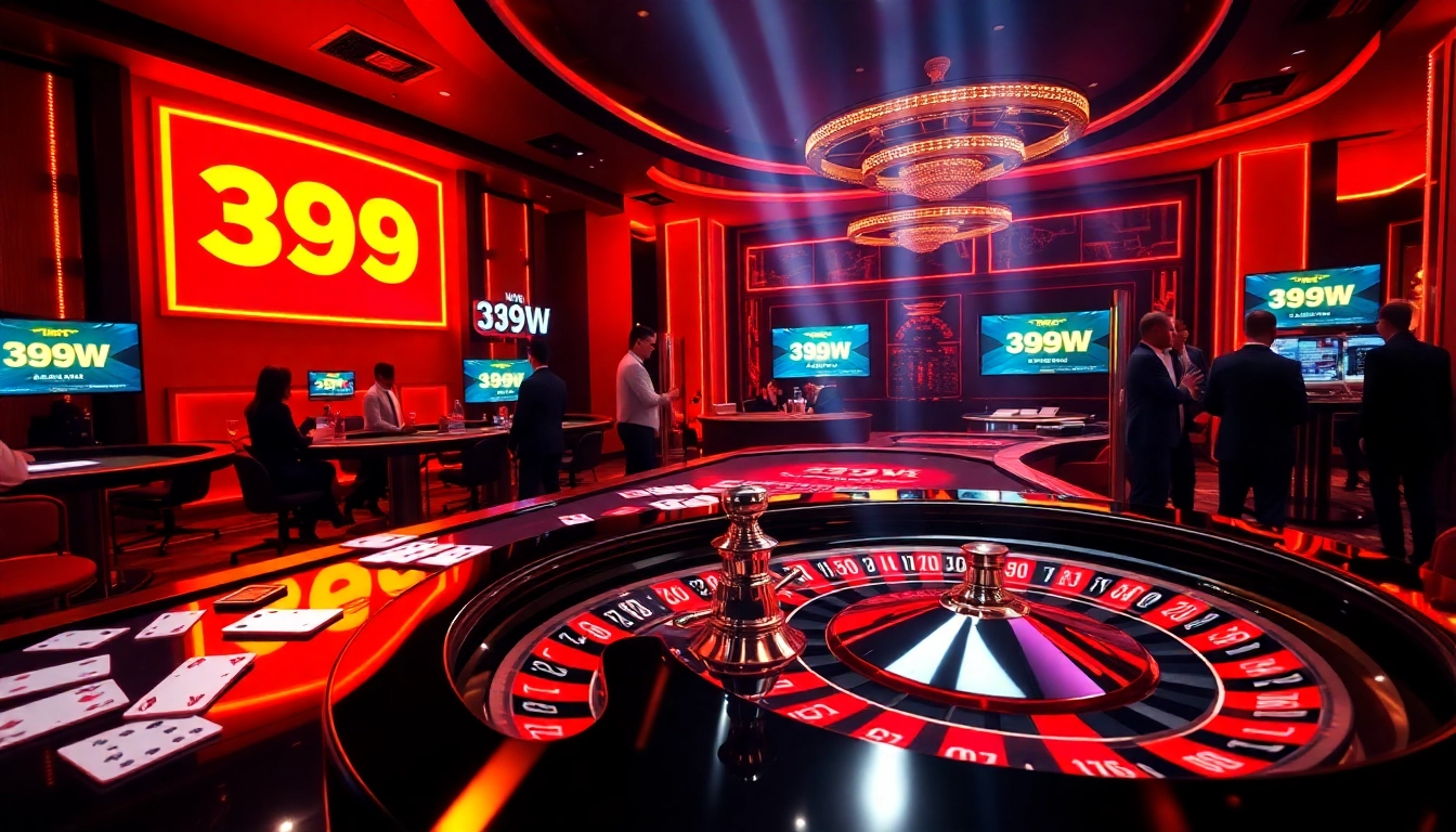 Exciting online gambling scene featuring 399W logo with poker action and roulette.