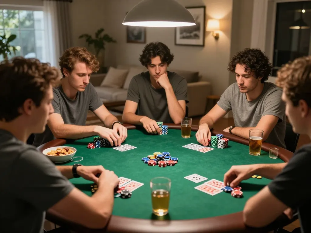 Sunwin players intensely strategizing during a home poker game, showcasing vibrant chips and a competitive atmosphere.