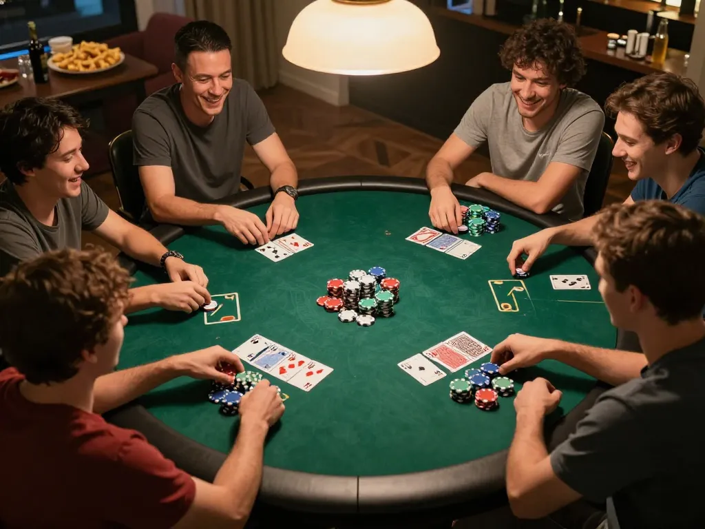Players enjoying a thrilling poker game at home with LV88, showcasing chips and cards.